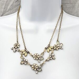 Floral Rhinestone Statement Necklace Vintage Gold Tone, Double Layered, Yellow
